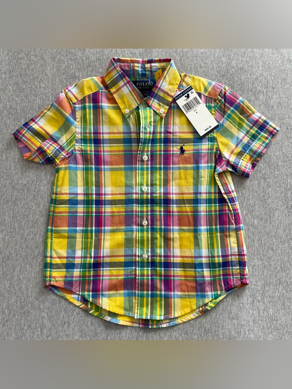 Polo by Ralph Lauren Boys Sz 4 Yellow Multi Plaid Short-Sleeve Button Down Shirt